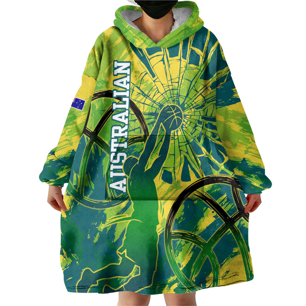 Australian Boomers Basketball Wearable Blanket Hoodie Shattered Glass Effect With Flaming Ball And Grunge Brushstrokes