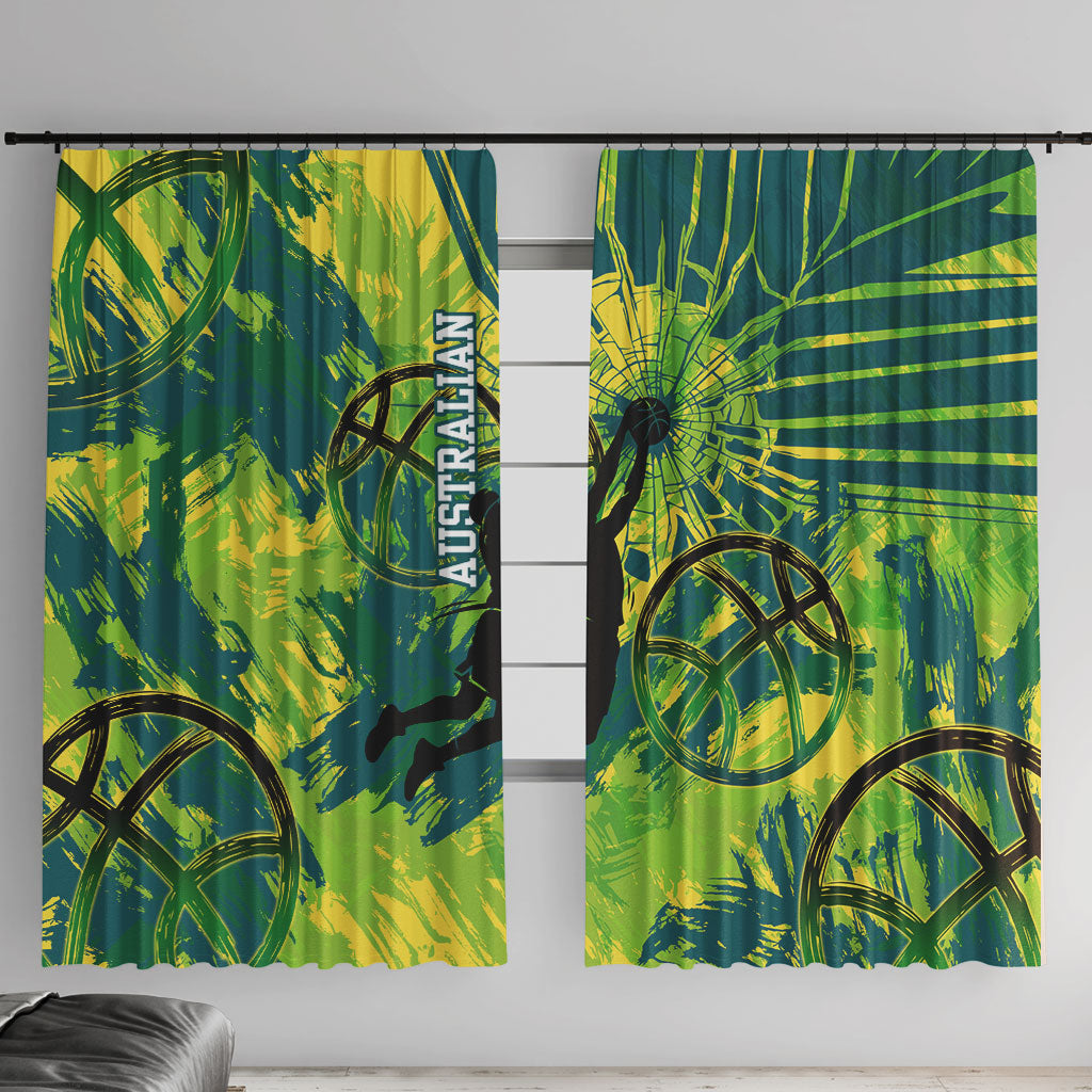 Australian Boomers Basketball Window Curtain Shattered Glass Effect With Flaming Ball And Grunge Brushstrokes