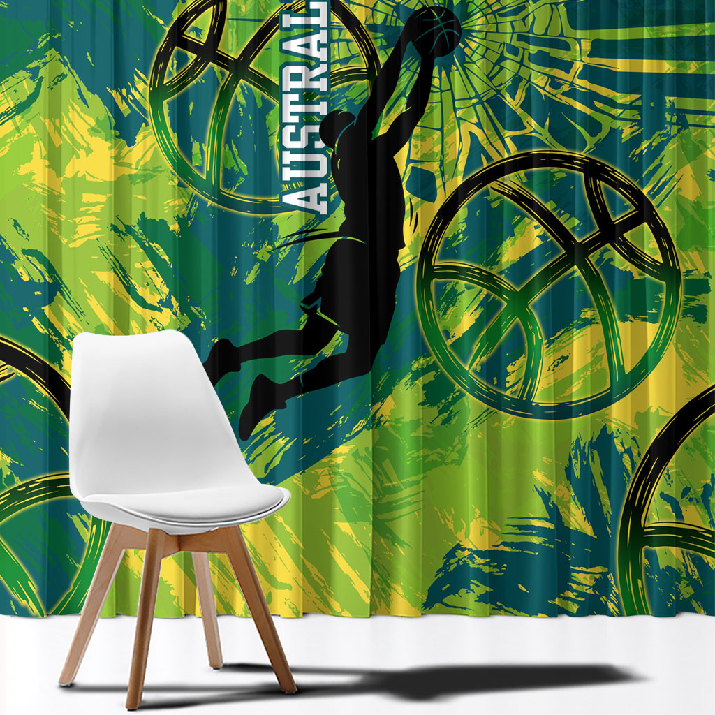 Australian Boomers Basketball Window Curtain Shattered Glass Effect With Flaming Ball And Grunge Brushstrokes