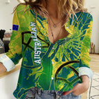 Australian Boomers Basketball Women Casual Shirt Shattered Glass Effect With Flaming Ball And Grunge Brushstrokes