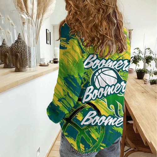 Australian Boomers Basketball Women Casual Shirt Shattered Glass Effect With Flaming Ball And Grunge Brushstrokes