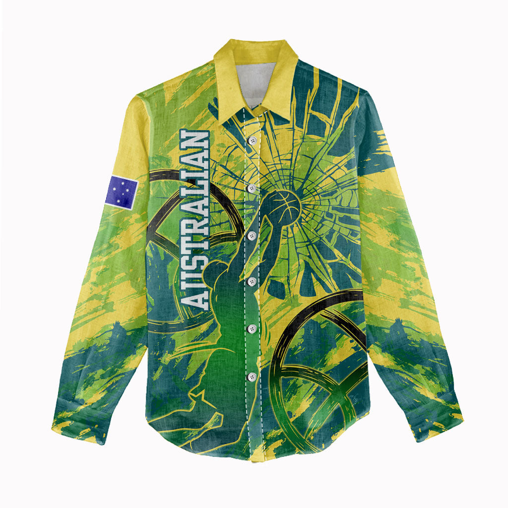 Australian Boomers Basketball Women Casual Shirt Shattered Glass Effect With Flaming Ball And Grunge Brushstrokes