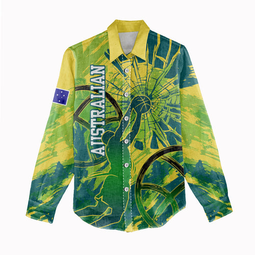Australian Boomers Basketball Women Casual Shirt Shattered Glass Effect With Flaming Ball And Grunge Brushstrokes