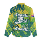 Australian Boomers Basketball Women Casual Shirt Shattered Glass Effect With Flaming Ball And Grunge Brushstrokes