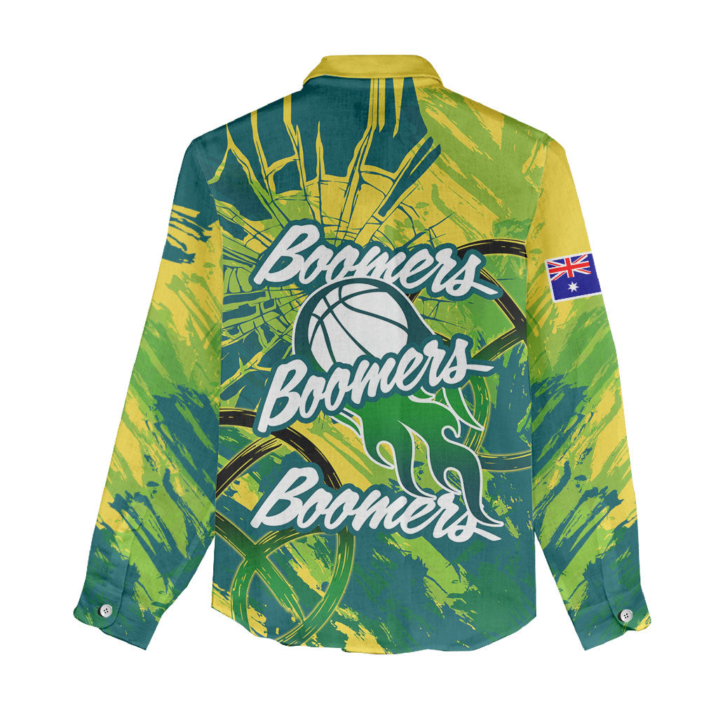Australian Boomers Basketball Women Casual Shirt Shattered Glass Effect With Flaming Ball And Grunge Brushstrokes