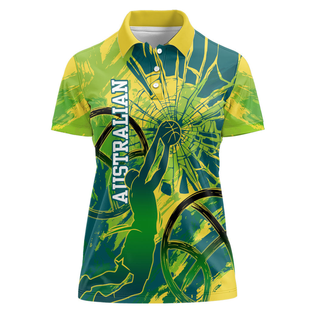 Australian Boomers Basketball Women Polo Shirt Shattered Glass Effect With Flaming Ball And Grunge Brushstrokes