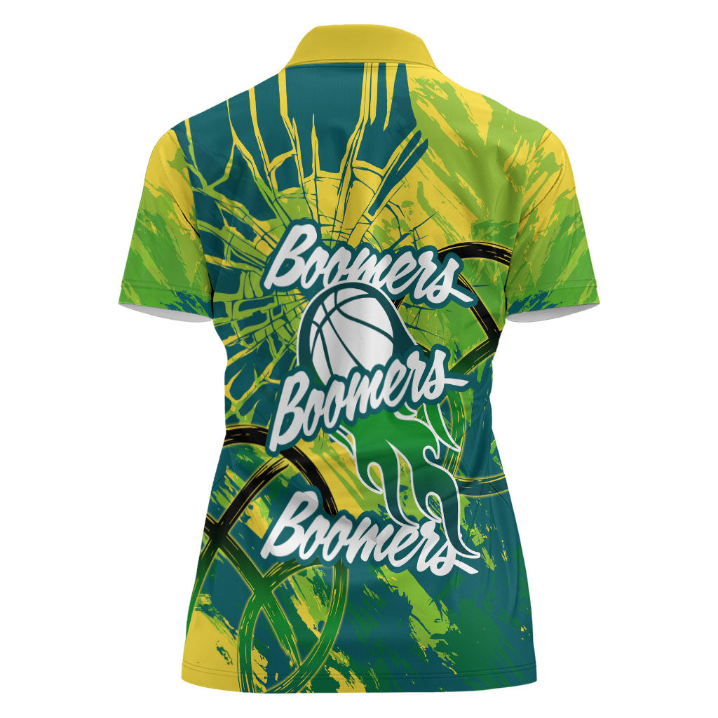 Australian Boomers Basketball Women Polo Shirt Shattered Glass Effect With Flaming Ball And Grunge Brushstrokes