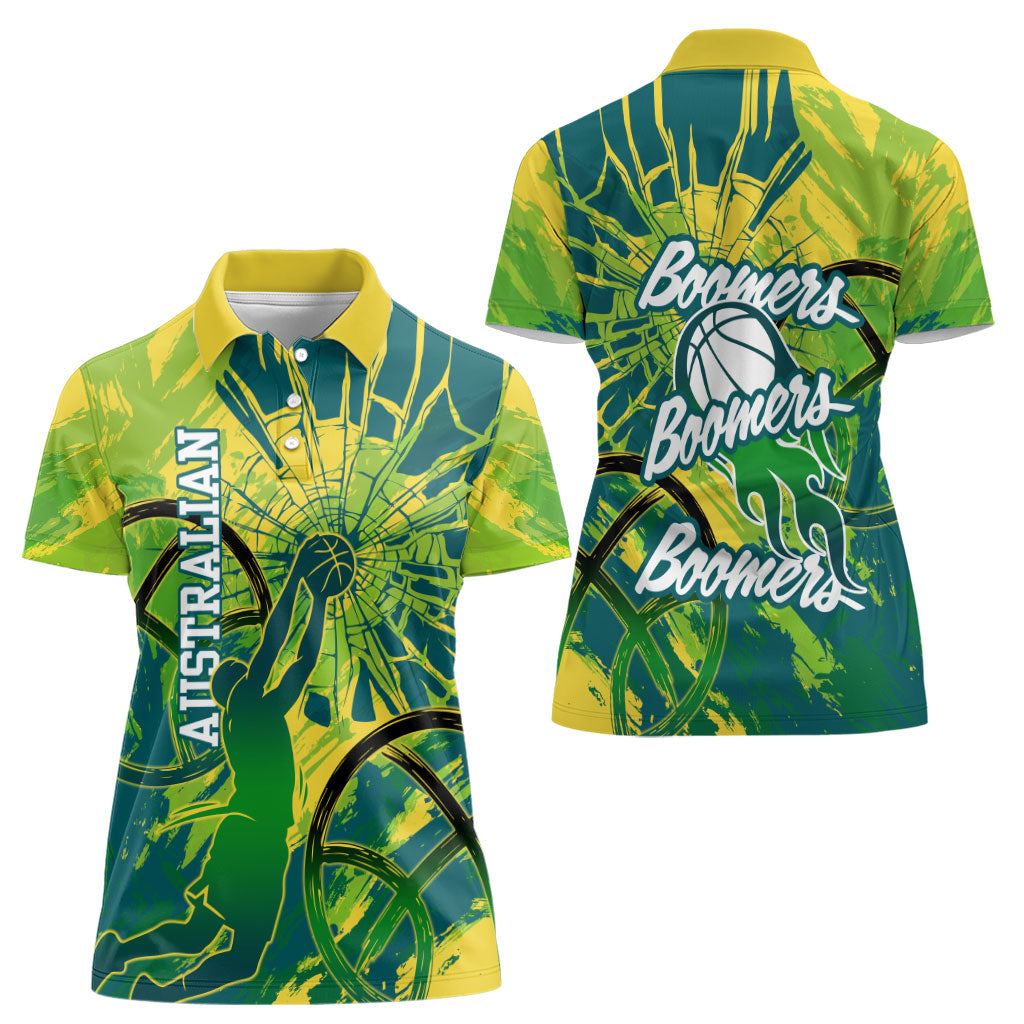 Australian Boomers Basketball Women Polo Shirt Shattered Glass Effect With Flaming Ball And Grunge Brushstrokes