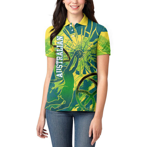 Australian Boomers Basketball Women Polo Shirt Shattered Glass Effect With Flaming Ball And Grunge Brushstrokes