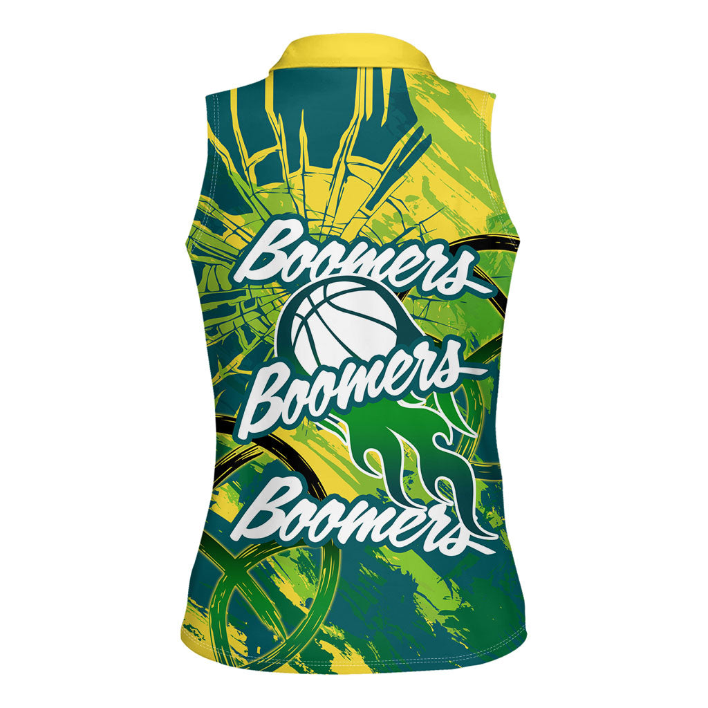 Australian Boomers Basketball Women Sleeveless Polo Shirt Shattered Glass Effect With Flaming Ball And Grunge Brushstrokes