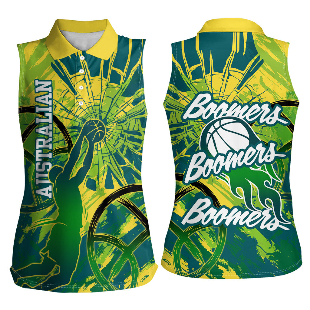 Australian Boomers Basketball Women Sleeveless Polo Shirt Shattered Glass Effect With Flaming Ball And Grunge Brushstrokes