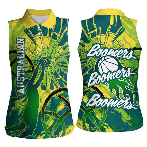 Australian Boomers Basketball Women Sleeveless Polo Shirt Shattered Glass Effect With Flaming Ball And Grunge Brushstrokes