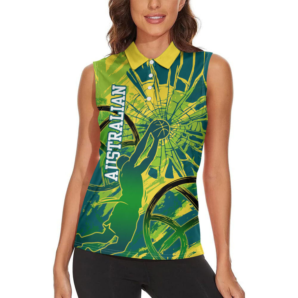 Australian Boomers Basketball Women Sleeveless Polo Shirt Shattered Glass Effect With Flaming Ball And Grunge Brushstrokes