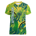 Australian Boomers Basketball Women V-Neck T-Shirt Shattered Glass Effect With Flaming Ball And Grunge Brushstrokes