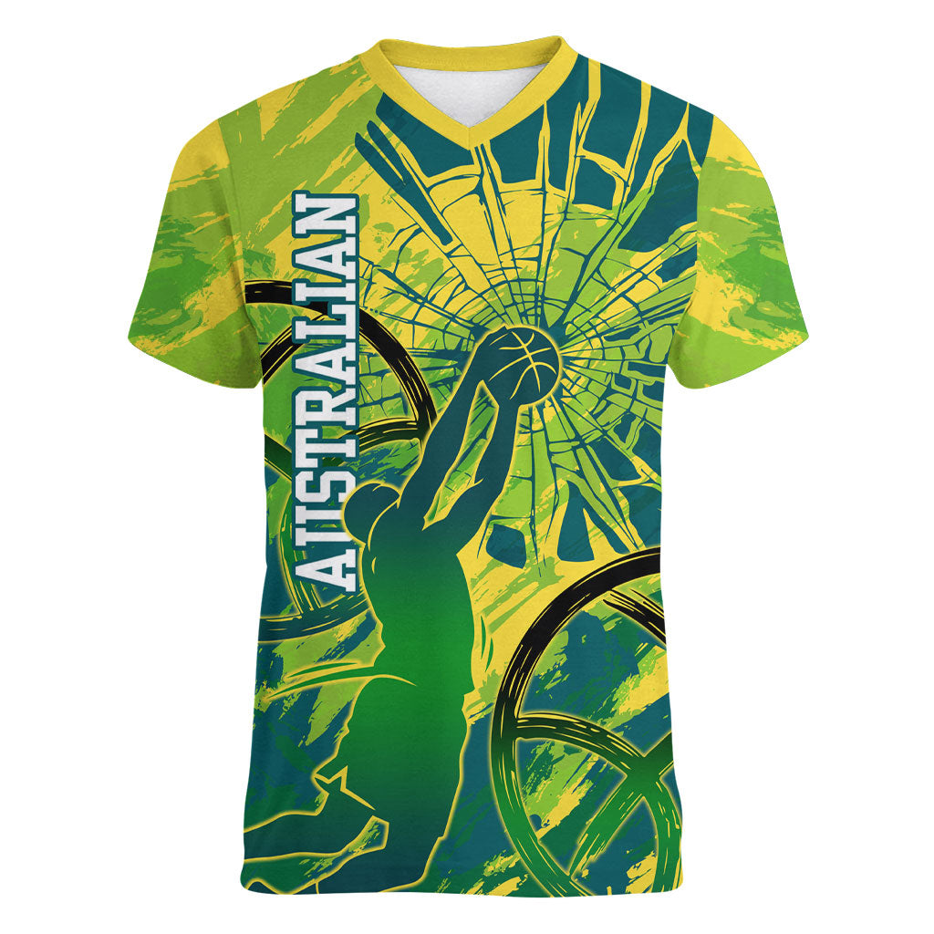 Australian Boomers Basketball Women V-Neck T-Shirt Shattered Glass Effect With Flaming Ball And Grunge Brushstrokes