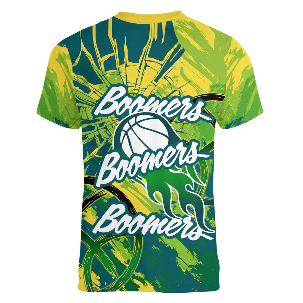 Australian Boomers Basketball Women V-Neck T-Shirt Shattered Glass Effect With Flaming Ball And Grunge Brushstrokes
