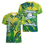 Australian Boomers Basketball Women V-Neck T-Shirt Shattered Glass Effect With Flaming Ball And Grunge Brushstrokes