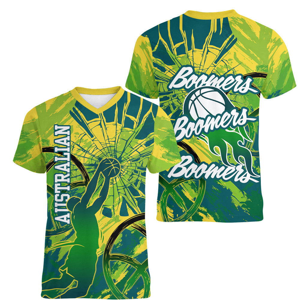 Australian Boomers Basketball Women V-Neck T-Shirt Shattered Glass Effect With Flaming Ball And Grunge Brushstrokes