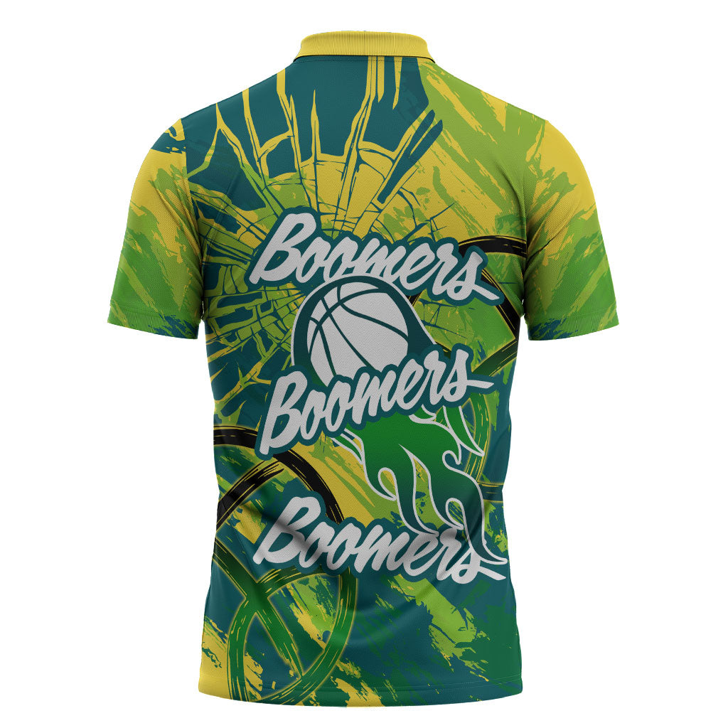 Australian Boomers Basketball Zipper Polo Shirt Shattered Glass Effect With Flaming Ball And Grunge Brushstrokes