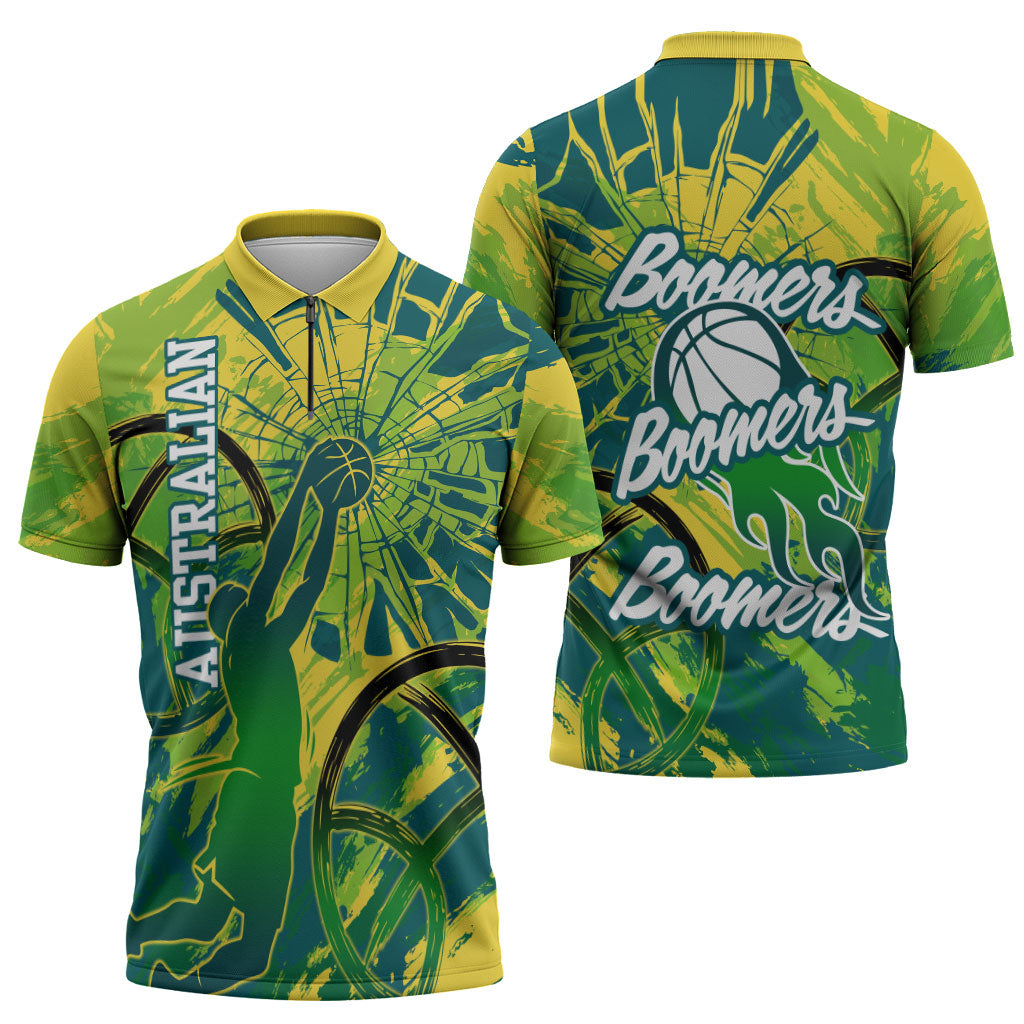 Australian Boomers Basketball Zipper Polo Shirt Shattered Glass Effect With Flaming Ball And Grunge Brushstrokes