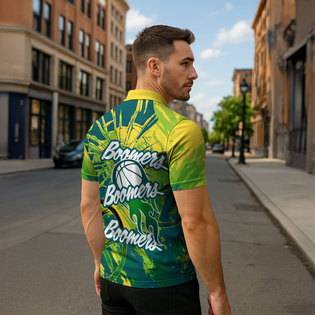 Australian Boomers Basketball Zipper Polo Shirt Shattered Glass Effect With Flaming Ball And Grunge Brushstrokes