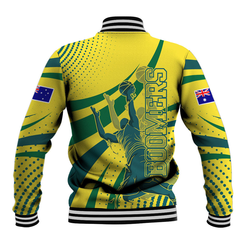 Australian Boomers Basketball Baseball Jacket Abstract Wave Halftone Pattern With Dynamic Athlete Silhouette