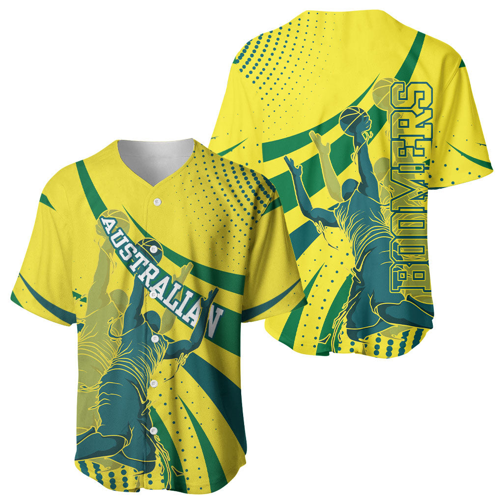 Australian Boomers Basketball Baseball Jersey Abstract Wave Halftone Pattern With Dynamic Athlete Silhouette