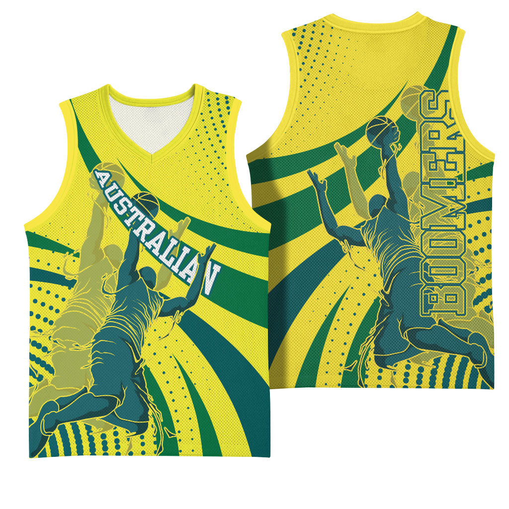 Australian Boomers Basketball Basketball Jersey Abstract Wave Halftone Pattern With Dynamic Athlete Silhouette