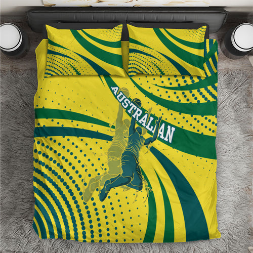 Australian Boomers Basketball Bedding Set Abstract Wave Halftone Pattern With Dynamic Athlete Silhouette