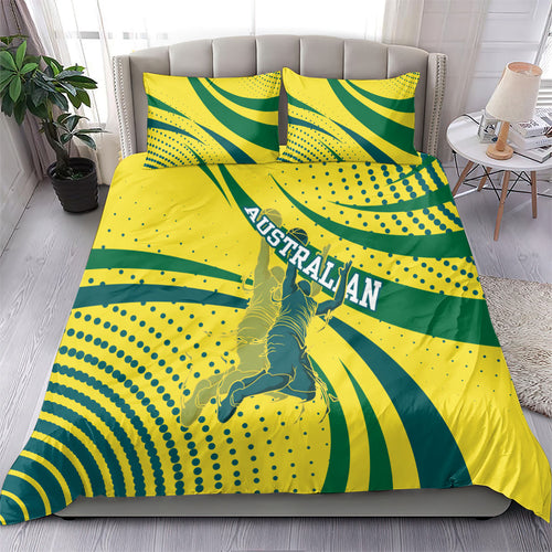 Australian Boomers Basketball Bedding Set Abstract Wave Halftone Pattern With Dynamic Athlete Silhouette