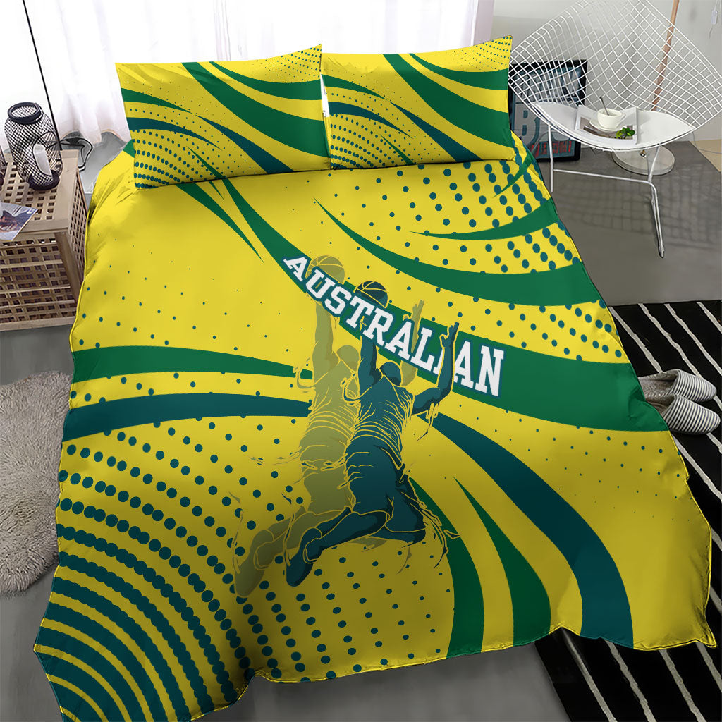 Australian Boomers Basketball Bedding Set Abstract Wave Halftone Pattern With Dynamic Athlete Silhouette