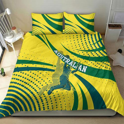 Australian Boomers Basketball Bedding Set Abstract Wave Halftone Pattern With Dynamic Athlete Silhouette