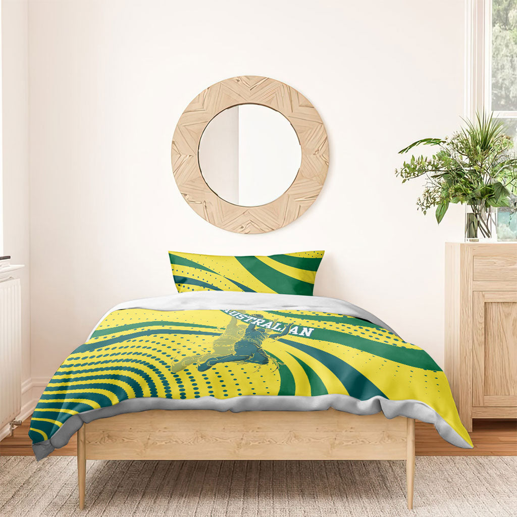 Australian Boomers Basketball Bedding Set Abstract Wave Halftone Pattern With Dynamic Athlete Silhouette