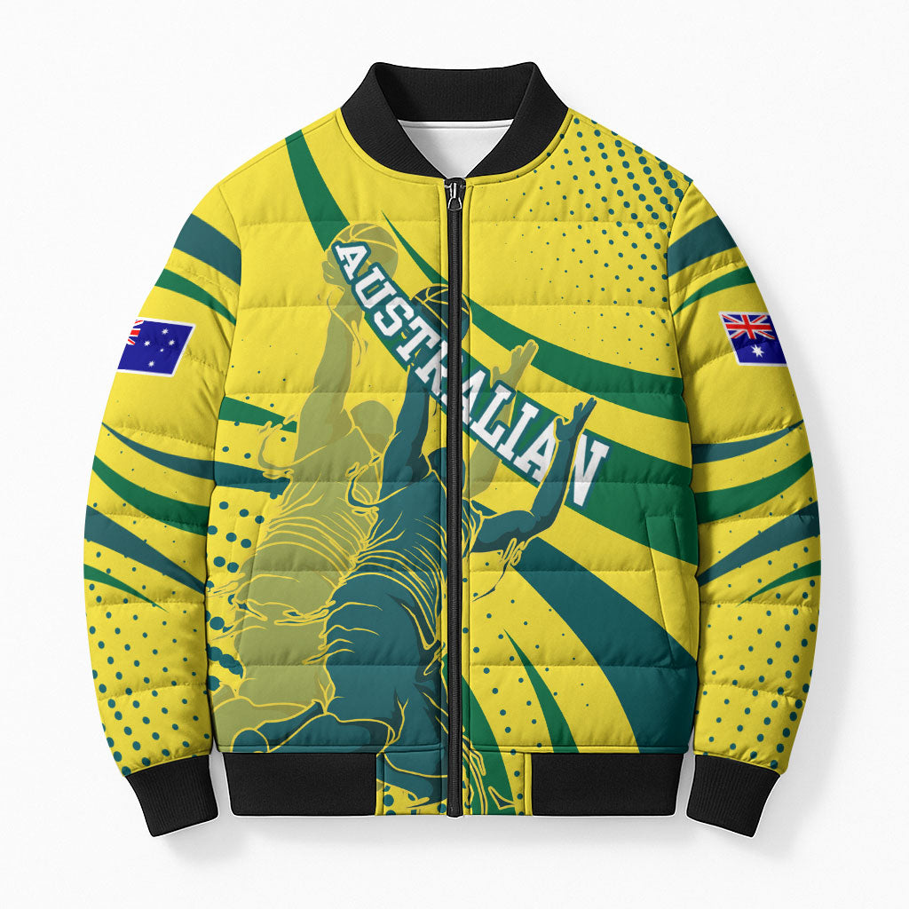 Australian Boomers Basketball Bomber Puffer Jacket Abstract Wave Halftone Pattern With Dynamic Athlete Silhouette