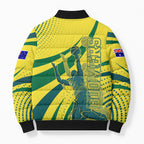 Australian Boomers Basketball Bomber Puffer Jacket Abstract Wave Halftone Pattern With Dynamic Athlete Silhouette