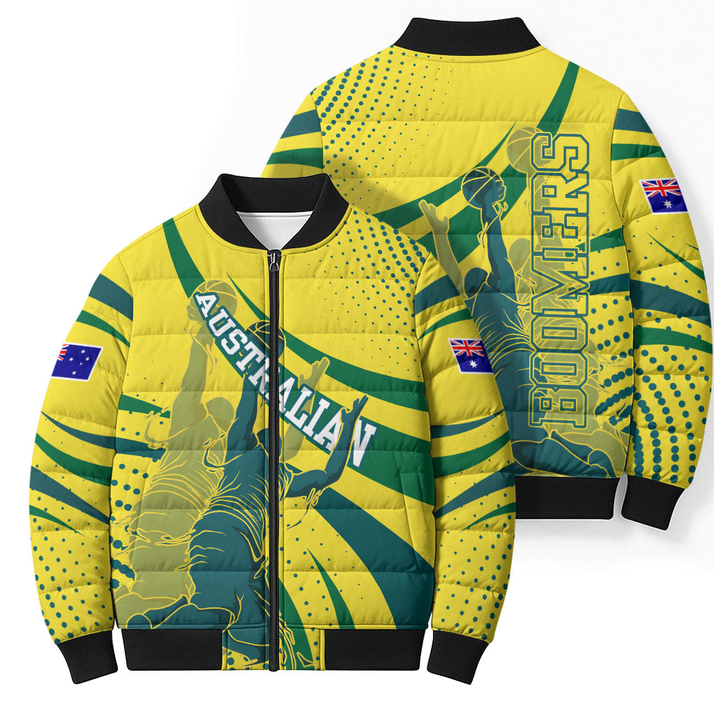Australian Boomers Basketball Bomber Puffer Jacket Abstract Wave Halftone Pattern With Dynamic Athlete Silhouette