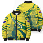 Australian Boomers Basketball Bomber Puffer Jacket Abstract Wave Halftone Pattern With Dynamic Athlete Silhouette