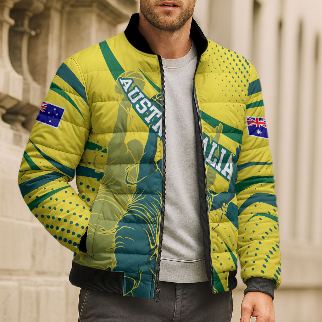 Australian Boomers Basketball Bomber Puffer Jacket Abstract Wave Halftone Pattern With Dynamic Athlete Silhouette