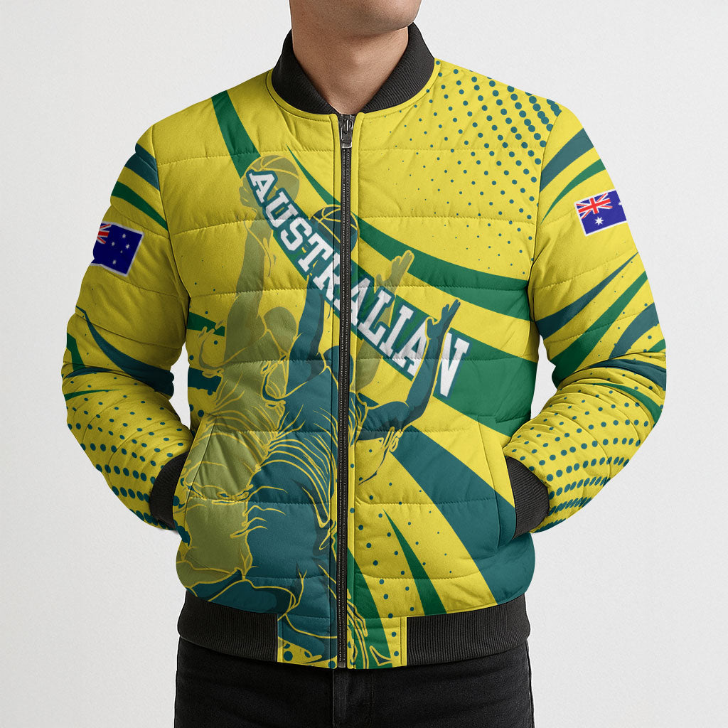 Australian Boomers Basketball Bomber Puffer Jacket Abstract Wave Halftone Pattern With Dynamic Athlete Silhouette