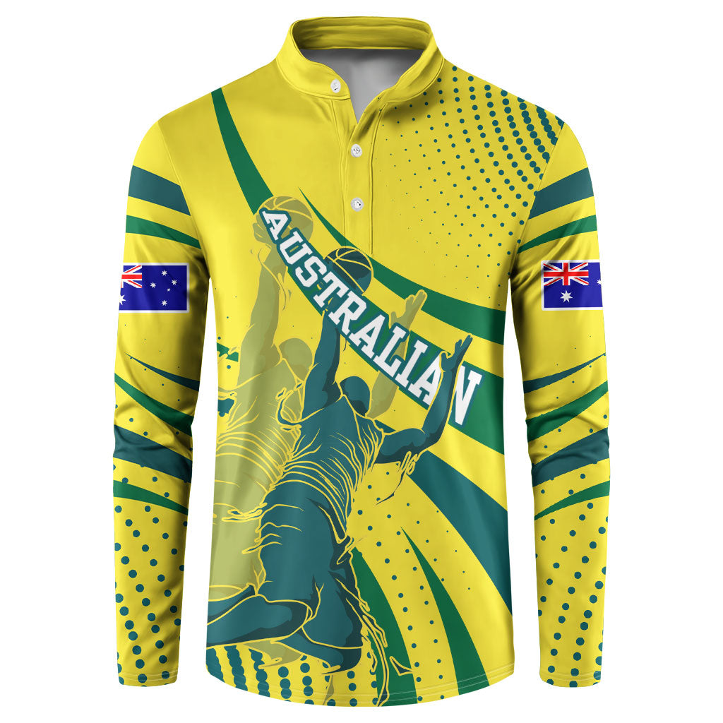 Australian Boomers Basketball Button Sweatshirt Abstract Wave Halftone Pattern With Dynamic Athlete Silhouette