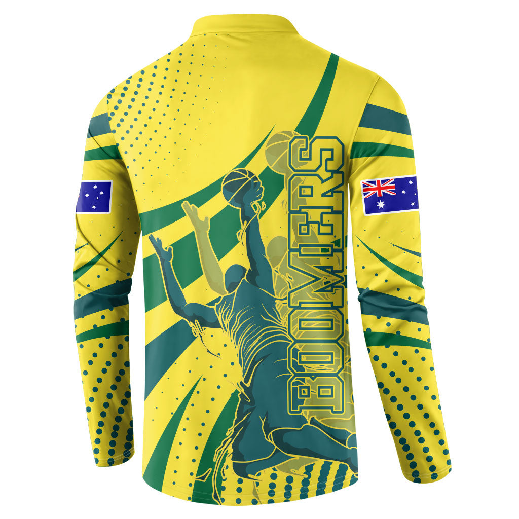 Australian Boomers Basketball Button Sweatshirt Abstract Wave Halftone Pattern With Dynamic Athlete Silhouette