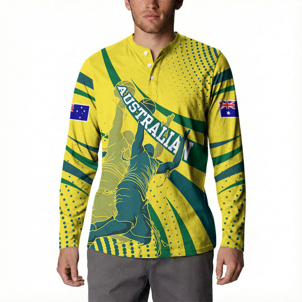Australian Boomers Basketball Button Sweatshirt Abstract Wave Halftone Pattern With Dynamic Athlete Silhouette