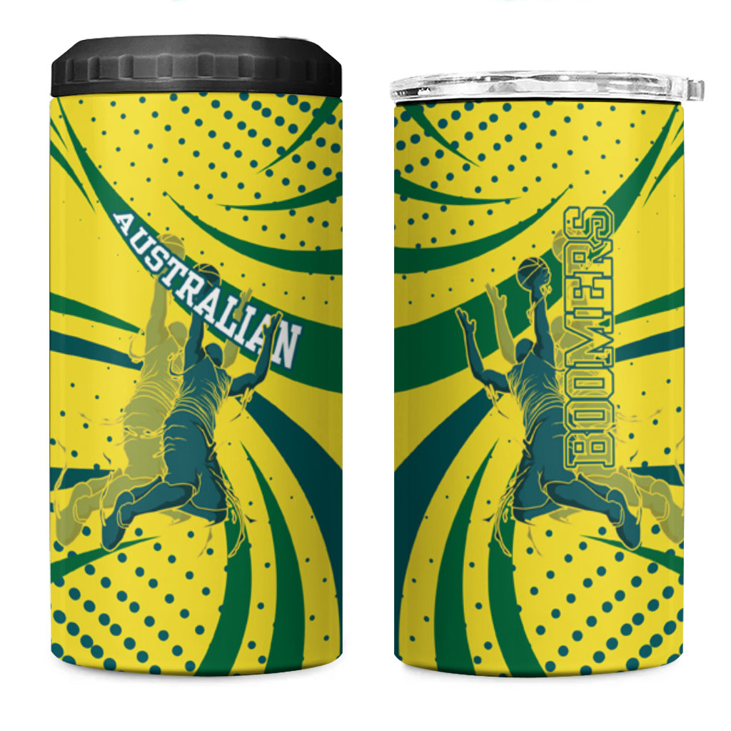 Australian Boomers Basketball 4 in 1 Can Cooler Tumbler Abstract Wave Halftone Pattern With Dynamic Athlete Silhouette