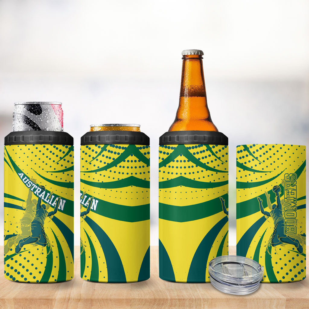 Australian Boomers Basketball 4 in 1 Can Cooler Tumbler Abstract Wave Halftone Pattern With Dynamic Athlete Silhouette