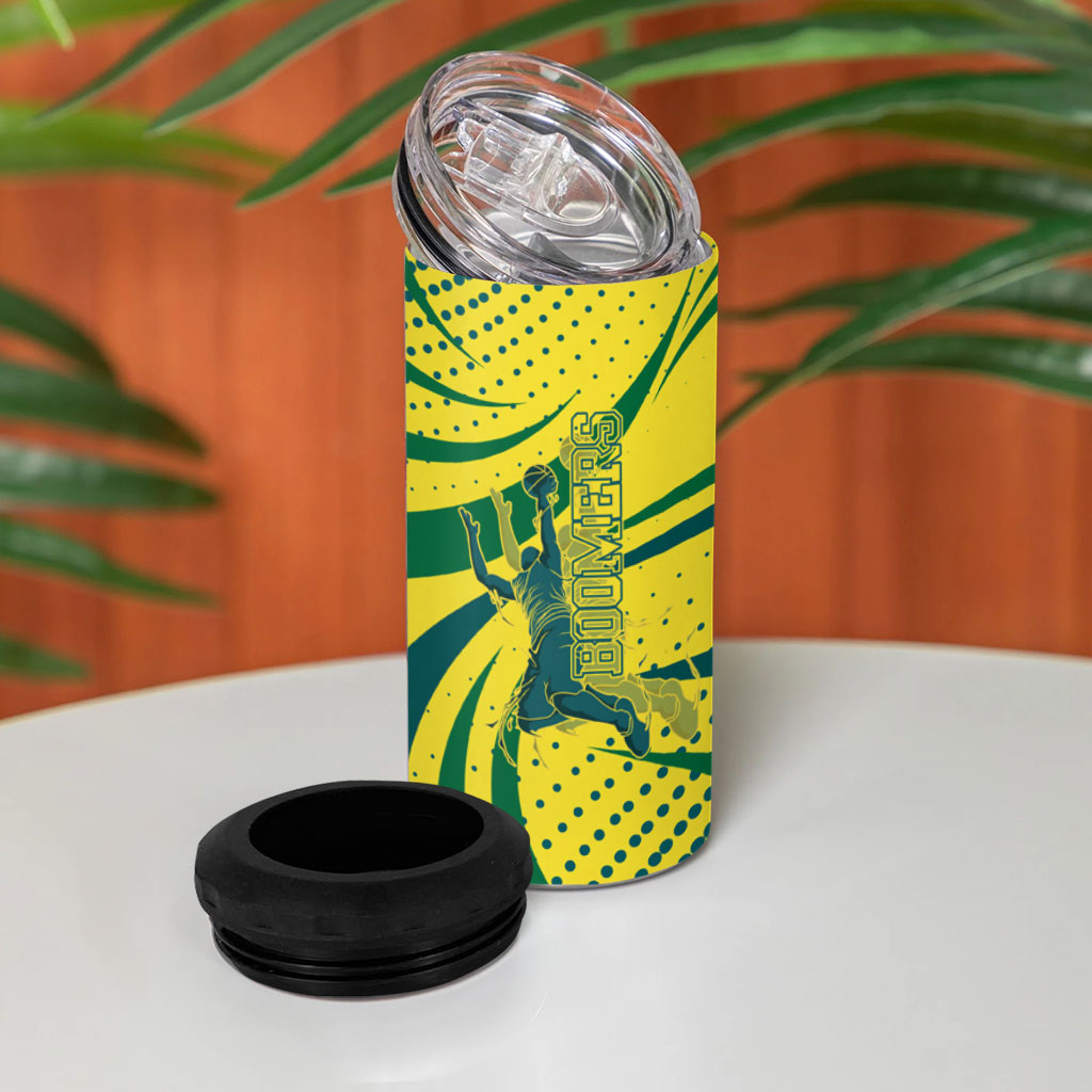 Australian Boomers Basketball 4 in 1 Can Cooler Tumbler Abstract Wave Halftone Pattern With Dynamic Athlete Silhouette