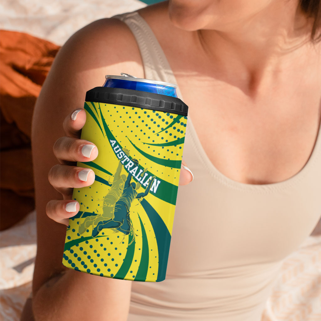 Australian Boomers Basketball 4 in 1 Can Cooler Tumbler Abstract Wave Halftone Pattern With Dynamic Athlete Silhouette