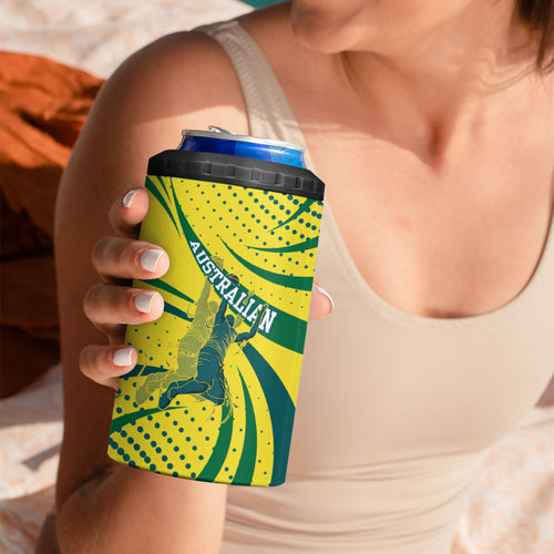 Australian Boomers Basketball 4 in 1 Can Cooler Tumbler Abstract Wave Halftone Pattern With Dynamic Athlete Silhouette
