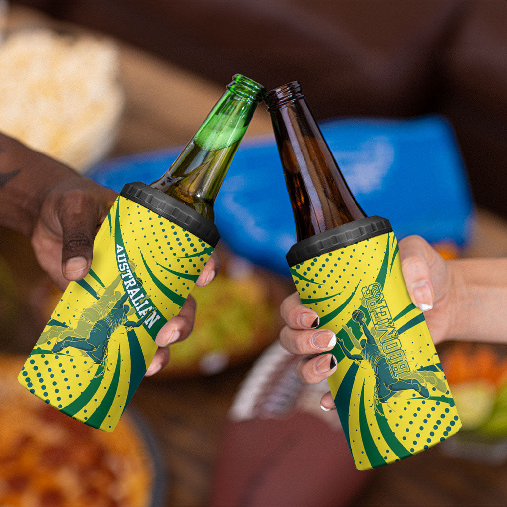 Australian Boomers Basketball 4 in 1 Can Cooler Tumbler Abstract Wave Halftone Pattern With Dynamic Athlete Silhouette