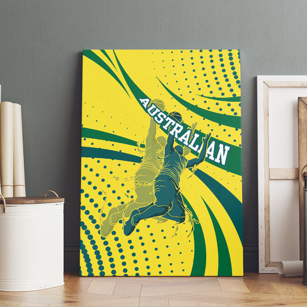 Australian Boomers Basketball Canvas Wall Art Abstract Wave Halftone Pattern With Dynamic Athlete Silhouette
