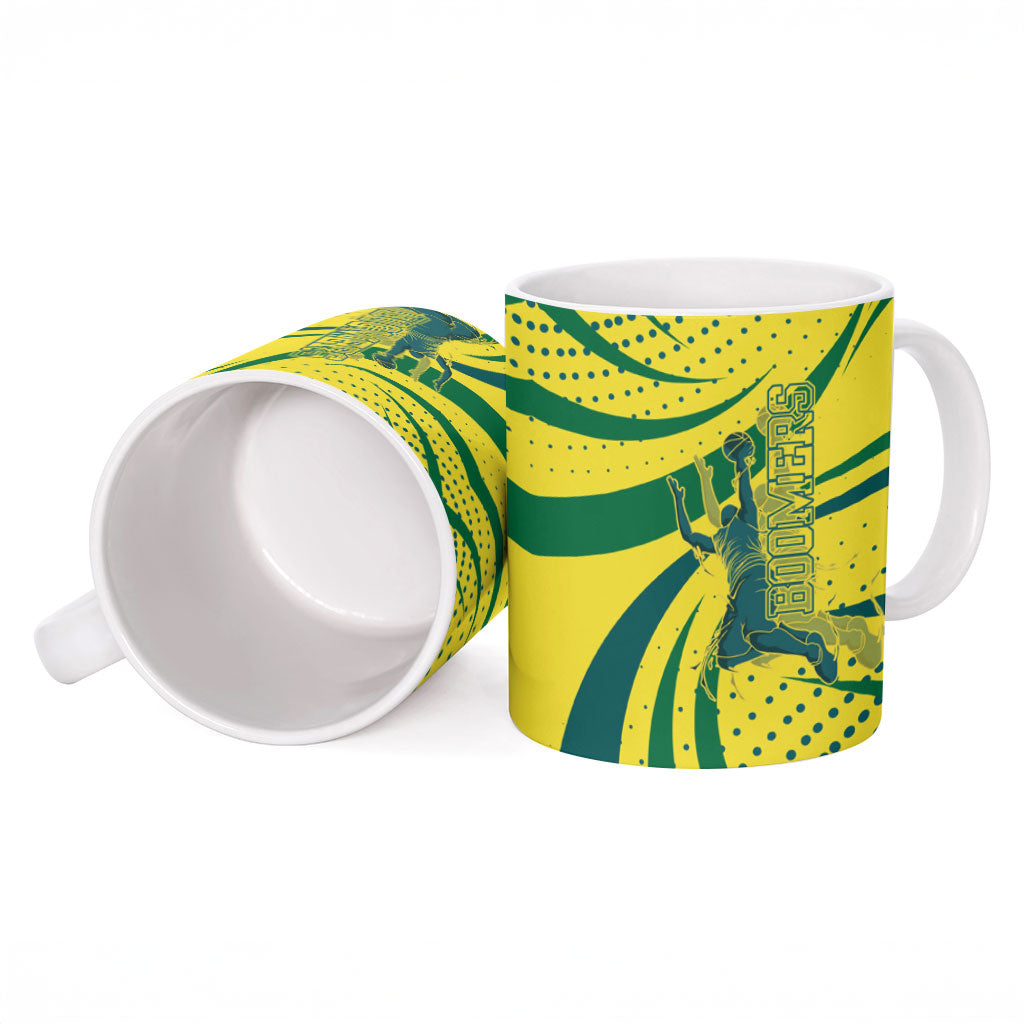 Australian Boomers Basketball Ceramic Mug Abstract Wave Halftone Pattern With Dynamic Athlete Silhouette